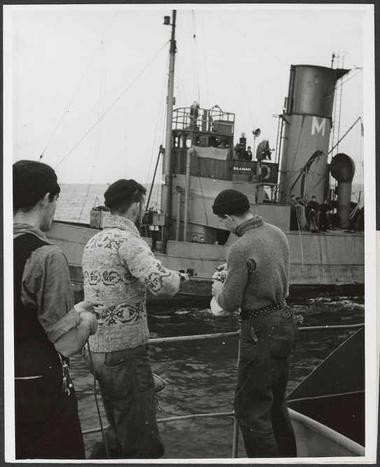 Pigeon being passed from British tug to Canadian corvette. 